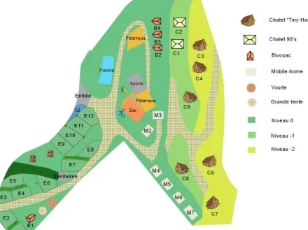 Plan du camping Le Chabrioux : emplacements, chalets, mobil-homes et services
